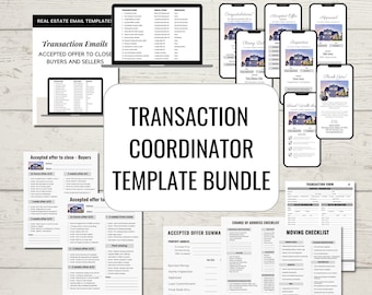 May include: A black and white printable template bundle for real estate transaction coordinators. The bundle includes checklists, forms, and email templates for accepted offers, closing dates, and moving.