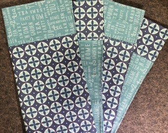 Set of 4 Coordinating Napkins, 100% Cotton, Eco-friendly, Reusable, Dinner, Lunchboxes, Picnics, Double-sided, Reversible