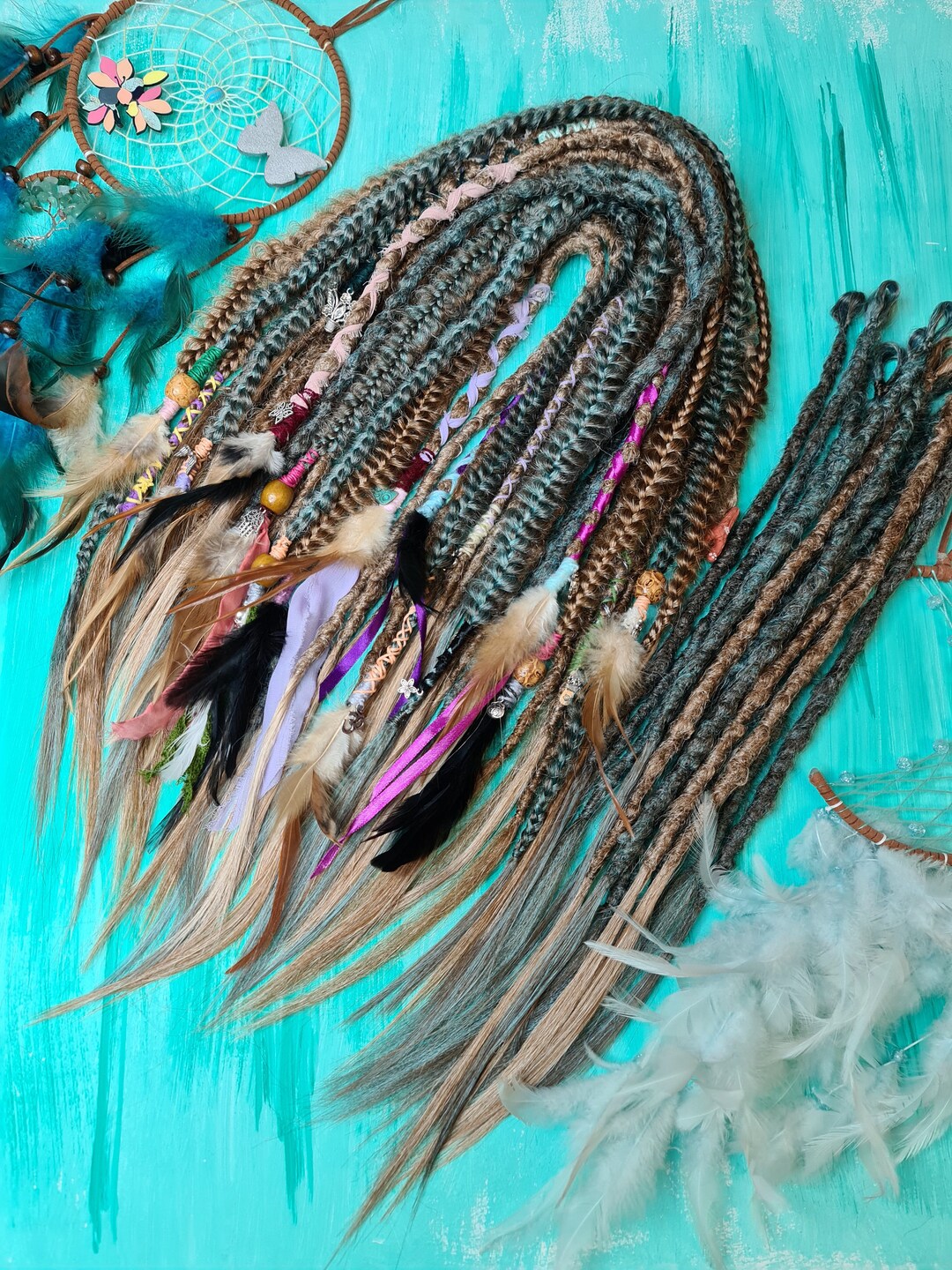 Aquamarine Ginger Mix DE SE Dreadlocks, Fishtail Braids, Mult Feathers