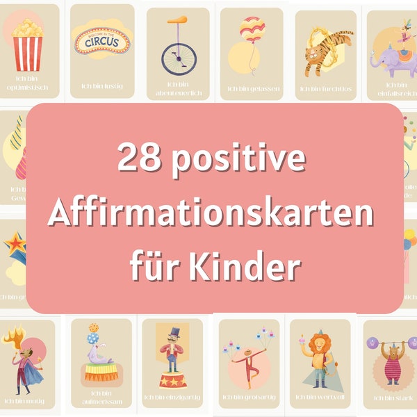 Affirmationskarten Kinder, Grundschule, Mutmacher, Selbstbewusstsein, Selbstwert, Erziehungshilfe, PDF Druck, Ausschneiden, Zirkus, DIY, 28