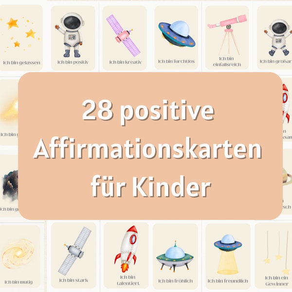 Affirmationskarten Kinder, Grundschule, Mutmacher, Selbstbewusstsein, Selbstwert, Erziehungshilfe, PDF Druck, Ausschneiden, Weltall, DIY, 28