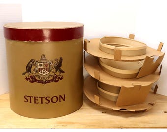 Stetson Tan Tall Oval Hat Box w/ 3 Inserts Vintage Millinery Advertising