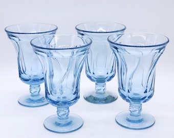 Set of 4 Fostoria Jamestown Iced Tea Glasses Blue Swirl Footed 6 1/8"