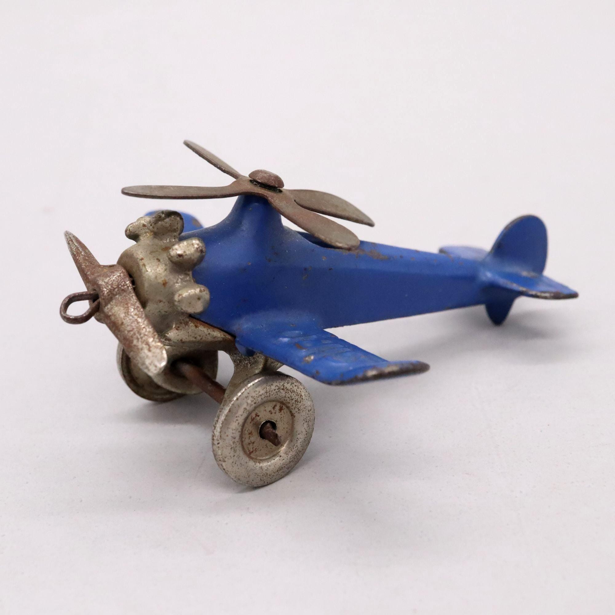 1930's Hubley Cast Iron Blue Giro Copter Plane W/ Metal Wheels