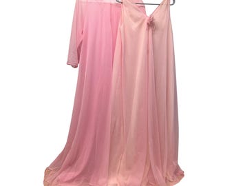 Vtg Hollywood Vasserette Romantic Peignoir Set Pink Maxi Nightgown & Robe Sz Med