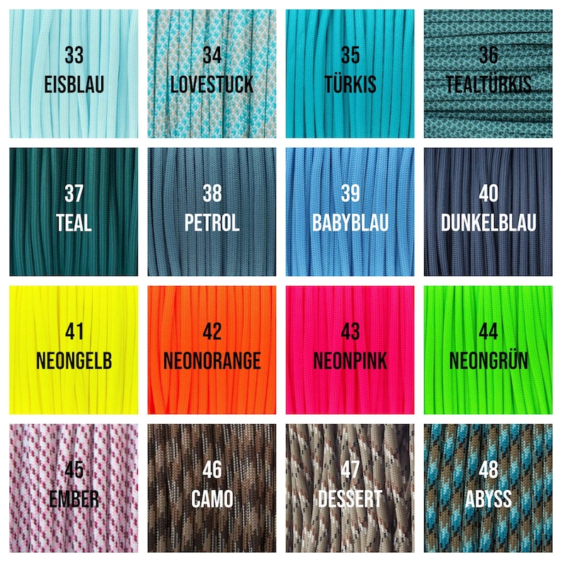 May include: A grid of colorful paracord samples, each labeled with a number and a color name. Colors include teal, neon pink, camo, and others. The image showcases a variety of options for crafting projects.