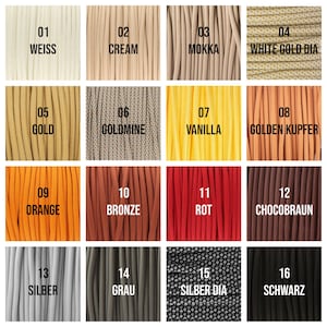 May include: A color chart featuring sixteen different shades of cord. Colors include white, cream, mocha, gold, goldmine, vanilla, orange, bronze, red, chocolate brown, silver, gray, and black. Each color is labeled with a number and its name.