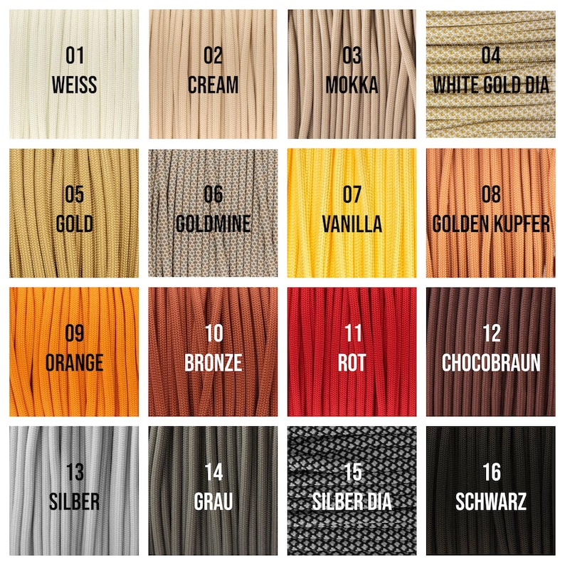 May include: A color chart featuring sixteen different shades of cord. Colors include white, cream, mocha, gold, goldmine, vanilla, orange, bronze, red, chocolate brown, silver, gray, and black. Each color is labeled with a number and its name.