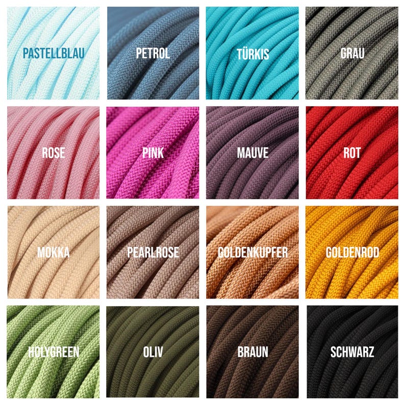 May include: A grid of colorful paracord samples. Colors include pastel blue, petrol, turquoise, gray, rose, pink, mauve, red, mocha, pearl rose, golden copper, goldenrod, holy green, olive, brown, and black.