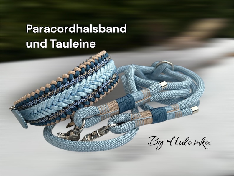 May include: A light blue and tan braided dog collar and matching leash set. The collar features a woven design with silver hardware. The leash has matching blue and tan accents. The text "Paracordhalsband und Tauleine" is visible.