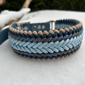 May include: A braided dog collar in shades of blue, tan, and navy. The collar features a light blue braided center section, with darker blue and tan accents. The collar is made of durable materials and has a silver buckle.