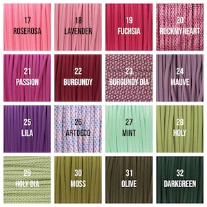 May include: A grid of colorful cords, each labeled with a number and a name. Colors include pink, purple, red, green, and patterned options. The text labels include "ROSEROSA", "LAVENDER", "FUCHSIA", "ROCKMYHEART", "PASSION", "BURGUNDY", "BURGUNDY DIA", "MAUVE", "LILA", "ARTDECO", "MINT", "HOLY", "HOLY DIA", "MOSS", "OLIVE", and "DARKGREEN".