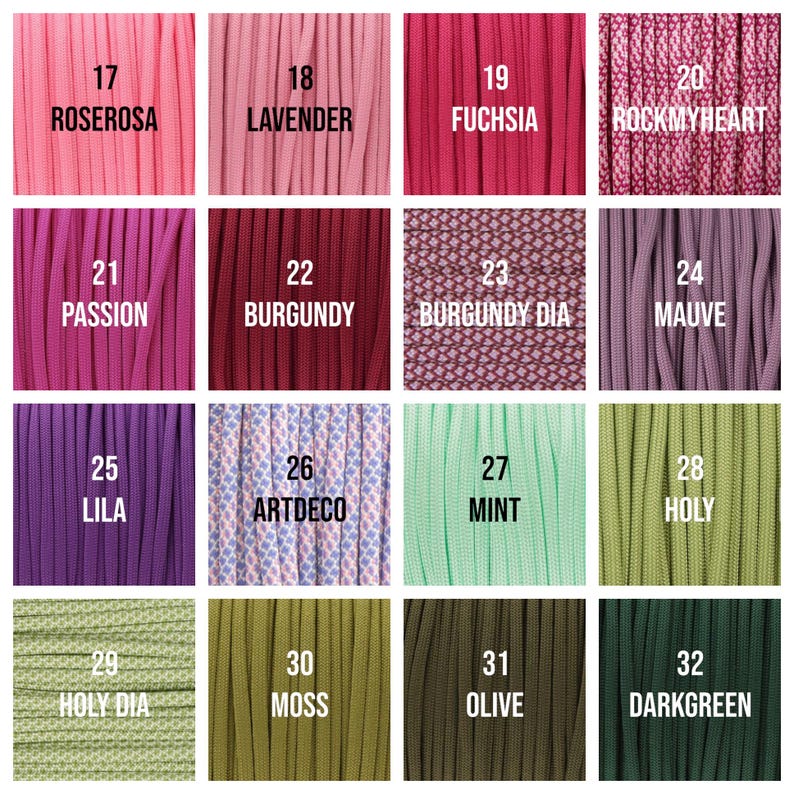 May include: A grid of colorful cords, each labeled with a number and a name. Colors include pink, purple, red, green, and patterned options. The text labels include "ROSEROSA", "LAVENDER", "FUCHSIA", "ROCKMYHEART", "PASSION", "BURGUNDY", "BURGUNDY DIA", "MAUVE", "LILA", "ARTDECO", "MINT", "HOLY", "HOLY DIA", "MOSS", "OLIVE", and "DARKGREEN".