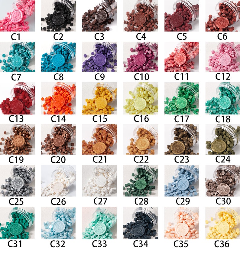 May include: A collection of thirty-six sets of wax seal beads in various colors, each labeled C1 through C36. Each set includes a clear plastic container spilling out small, solid-colored wax beads and a single circular wax seal with a unique design.