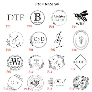 May include: A collection of sixteen black ink stamp designs labeled P01 through P16, featuring various monograms, floral wreaths, geometric borders, and illustrations of a bee and a fox, with text including names, dates, and titles.