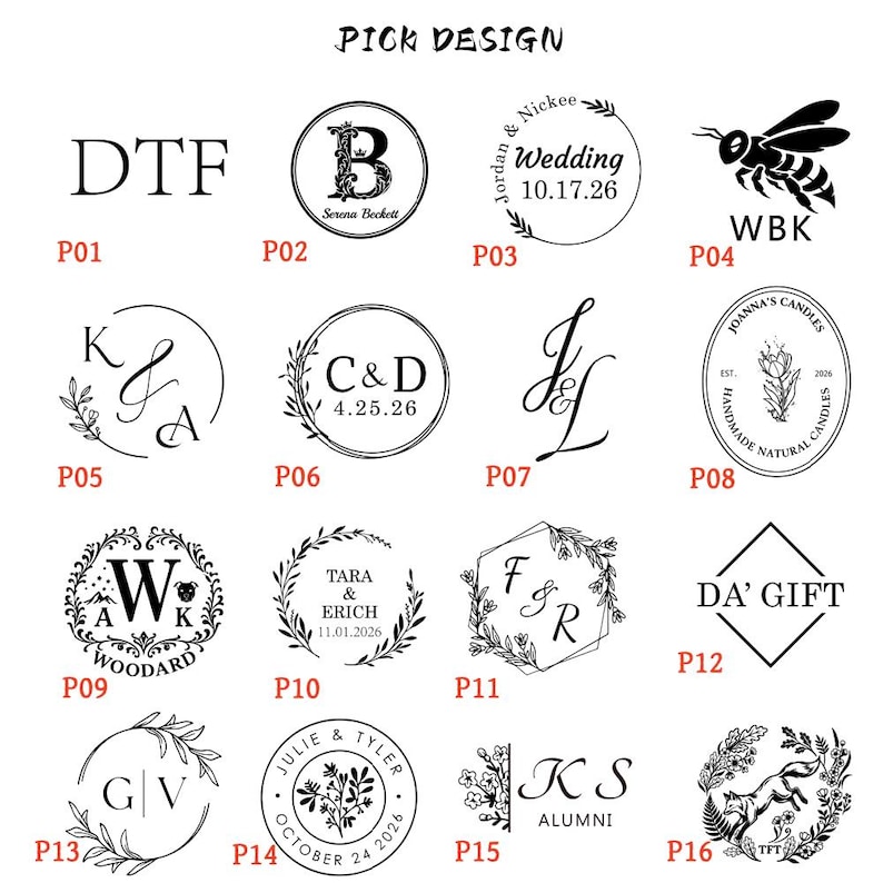 May include: A collection of sixteen black ink stamp designs labeled P01 through P16, featuring various monograms, floral wreaths, geometric borders, and illustrations of a bee and a fox, with text including names, dates, and titles.