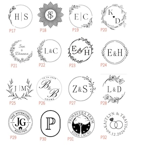 May include: A collection of sixteen circular and oval black ink stamp designs featuring various monograms, names, dates, and botanical illustrations. Each design is labeled with a red code from P17 to P32, showcasing diverse typography and graphic elements.