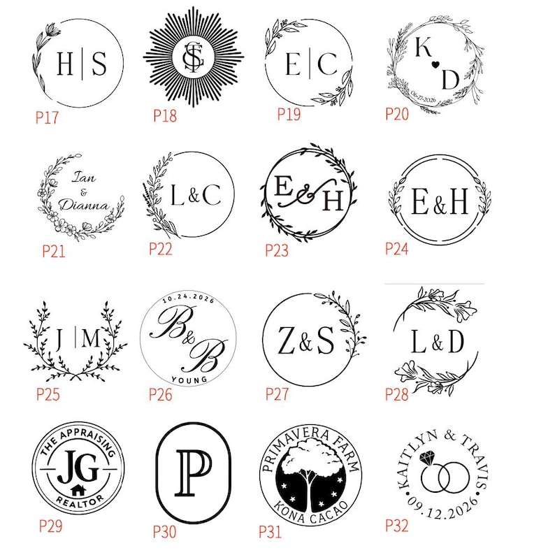 May include: A collection of sixteen circular and oval black ink stamp designs featuring various monograms, names, dates, and botanical illustrations. Each design is labeled with a red code from P17 to P32, showcasing diverse typography and graphic elements.