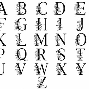 May include: A collection of twenty-six black uppercase letters from A to Z, each featuring a detailed floral design of roses and leaves integrated into the left side of the character. The letters are arranged in a grid format on a white background.