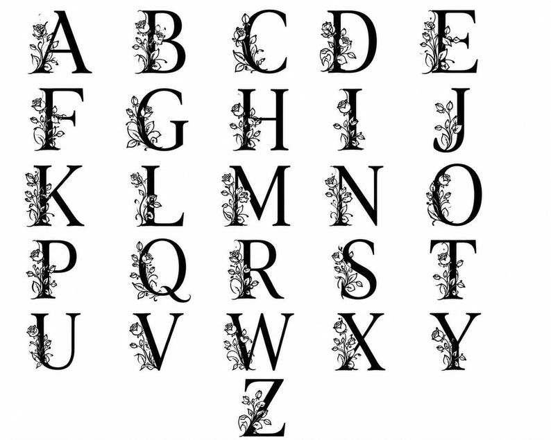 May include: A collection of twenty-six black uppercase letters from A to Z, each featuring a detailed floral design of roses and leaves integrated into the left side of the character. The letters are arranged in a grid format on a white background.
