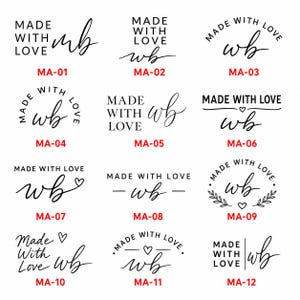 May include: A collection of twelve black ink stamp designs on a white background. Each design features the text MADE WITH LOVE and the initials wb in various layouts, including circular, linear, and script styles, labeled from MA-01 to MA-12.