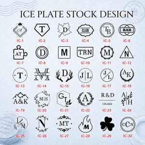 May include: A collection of thirty black graphic designs labeled IC-1 through IC-30, titled ICE PLATE STOCK DESIGN. The designs feature various monograms, initials, and symbols like leaves, mountains, and flames, arranged in a grid on a light blue background.