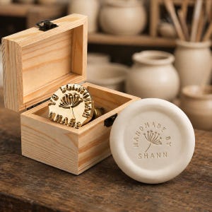 May include: A brass stamp featuring a dandelion design and the text HANDMADE BY SHANN, housed in a small light-colored wooden box. Beside the box sits a round, off-white clay disc embossed with the same dandelion graphic and text.