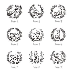 May include: A collection of nine black and white circular illustrations featuring foxes in various poses, each framed by a floral wreath. Each design includes the letters ES at the bottom and is labeled with a corresponding identifier from Fox-1 to Fox-9.