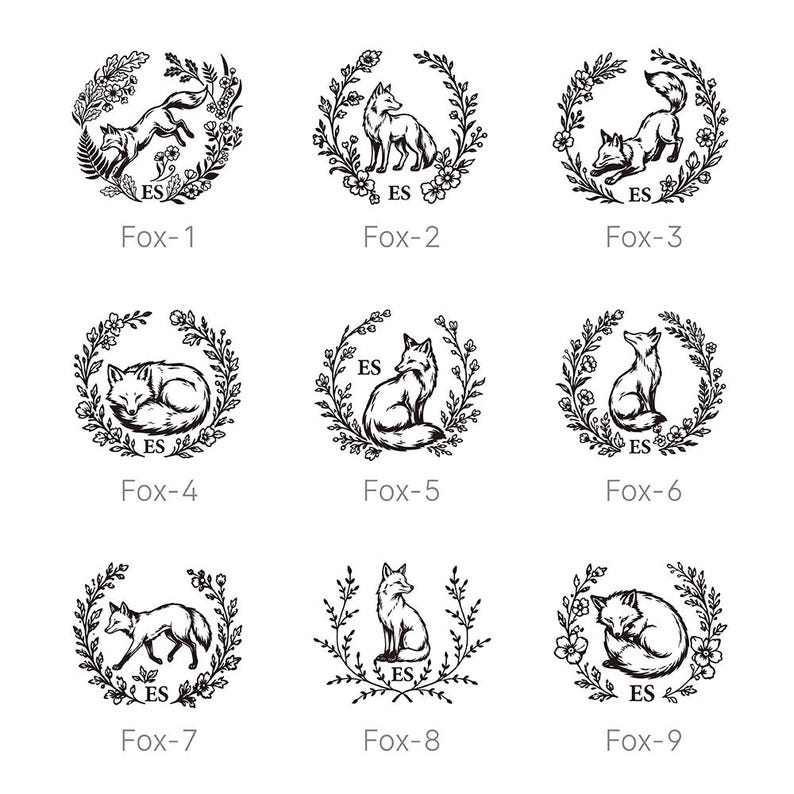 May include: A collection of nine black and white circular illustrations featuring foxes in various poses, each framed by a floral wreath. Each design includes the letters ES at the bottom and is labeled with a corresponding identifier from Fox-1 to Fox-9.