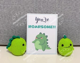 You're Roarsome Pocket Dino,Crochet Pocket Hug,Pal,Handmade Dinosaur Charm Gift,Sending a Hug,Stress Reliever Cheer Up Card,Best Friend Gift