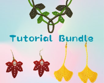 Step by Step Macrame Jewelry Pattern Bundle,Maple Leaf Fall Macrame Earrings, Leaf Micro Macrame Choker Necklace,Ginkgo Leaf Dangle Earrings