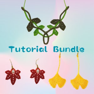 Peut inclure: Ensemble de tutoriels pour la création de bijoux en macramé. Le lot comprend des instructions pour la réalisation d'un collier en feuilles vertes et de deux paires de boucles d'oreilles : une paire de boucles d'oreilles en feuilles d'érable rouges et une paire de boucles d'oreilles en feuilles de ginkgo jaunes.