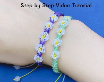 Daisy Macrame Bracelet Pattern, Adjustable Friendship Bracelet Pattern, Video Tutorial,Do It Yourself,Summer Handmade Braided Beach Bracelet