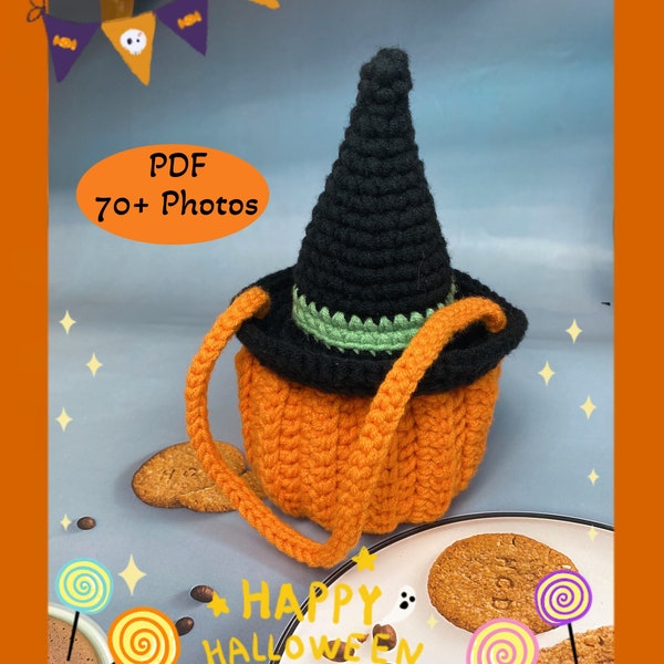 Halloween Crochet Pattern:Pumpkin Candy Bag with Witch Hat for Kids,Trick or Treat Bag,US English,Halloween Toys,Halloween Amigurumi Pattern