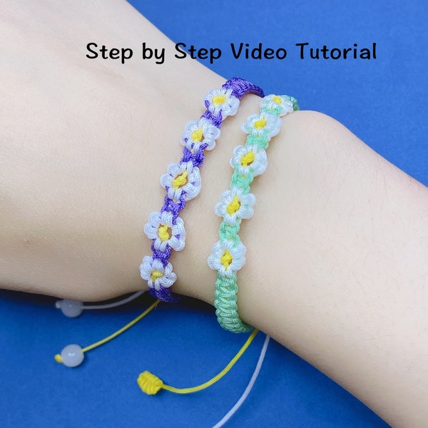 Daisy Macrame Bracelet Pattern, Adjustable Friendship Bracelet Pattern, Video Tutorial,Do It Yourself,Summer Handmade Braided Beach Bracelet