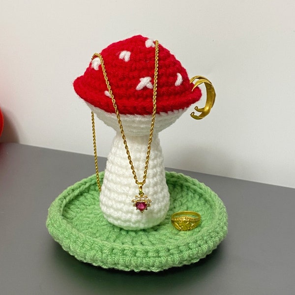 Handmade Cute Crochet Mushroom Jewelry Holder,Fairy Core Jewelry Storage,Cottage Core Trinket Ring Dishes, gehäkelter pilz für schmuck