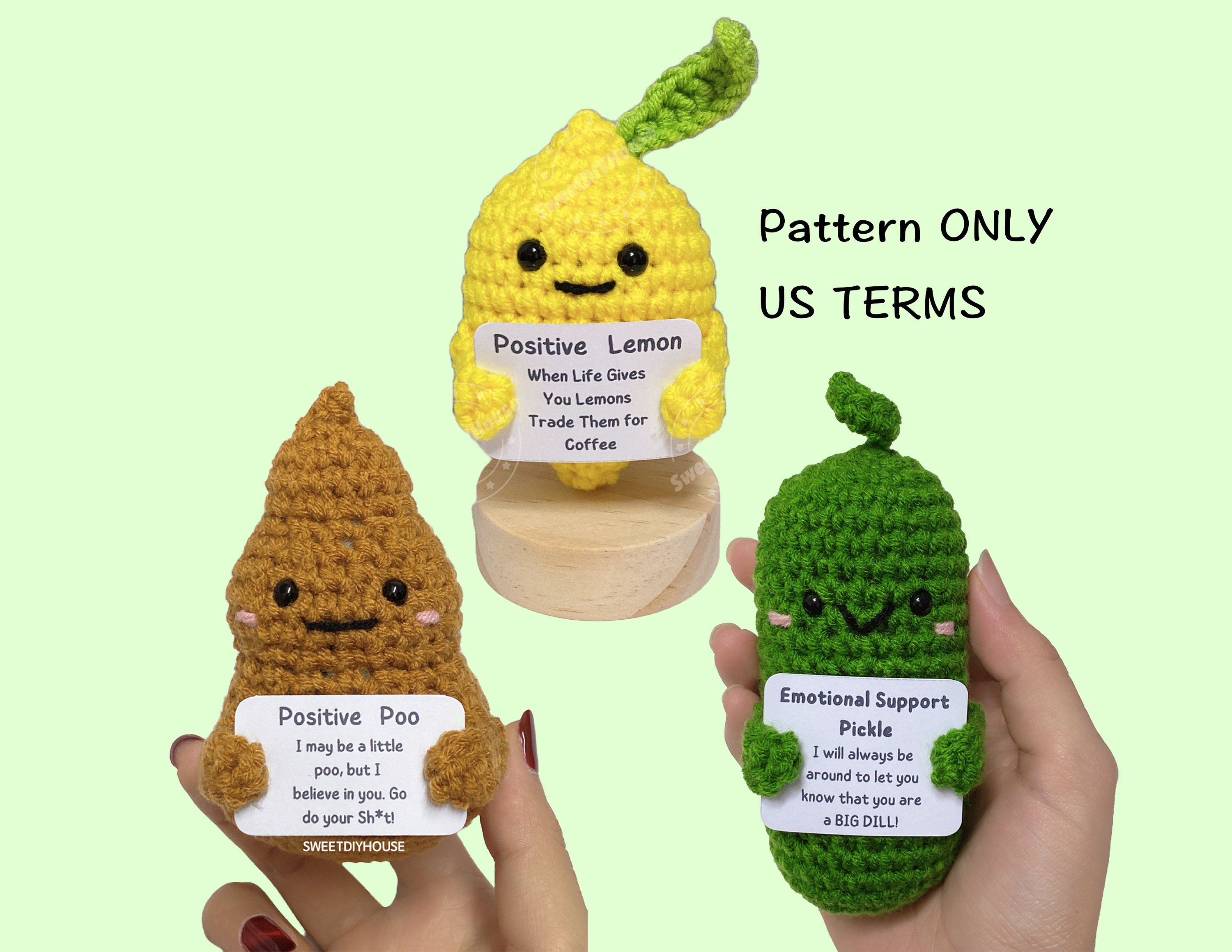 32 Pickle Crochet Patterns for Amigurumi, Keychains, Ornaments, and Plushies 5 All 3 Emotional Support Pickle Crochet Pattern + Positive