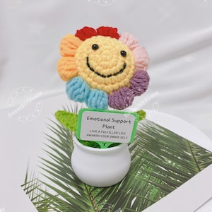 Emotionele steunplant, handgemaakte gehaakte kleurrijke glimlachbloem in een pot, haal me op, cadeau voor collega, vriend, vriendin, positieve bevestiging