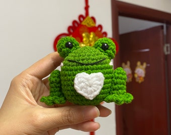 Handmade Cute Crochet Smiling Frog Ornament with Heart Belly,Car Rear View Mirror Hanging Frog,Frog Bag Charm Keychain, Desk Decor for Kids