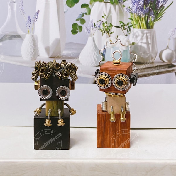 Mały robot steampunkowy do dekoracji domu, ręcznie robiony brelok z drewnianym robotem, wyjątkowa zabawka na biurko dla chłopaka, mechaniczny urok retro mężczyzn, nowy samochód