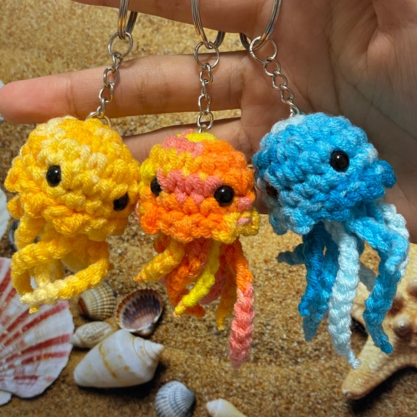 Handmade Cute Crochet Jellyfish With Curly Tentacles,Variegated Jellyfish Keychain,Kawaii Marine Animals Key Ring,Beach/Tote/Bogg Bag Charm