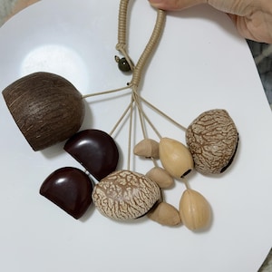 May include: A musical instrument consisting of multiple natural seed pods and smooth dark brown wooden pieces attached to a central beige cord loop. The arrangement includes textured brown shells, polished dark brown segments, and light tan smooth pods.