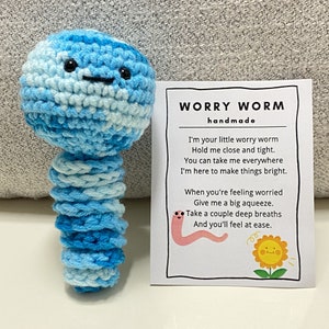 Worry Worm com cartão, fio variegado, ideias de presentes de brinquedos fofos de crochê feitos à mão, pelúcia confortável de Natal, bola de preocupação Fidget recheada