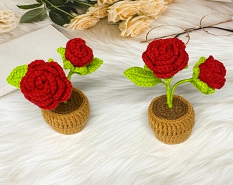 Handmade Crochet Rose in the pot, Knit Flower in a Pot, Gift for Girlfriend, Small Layered Flower,Eternal Plant,Anniversary Gift for Wife