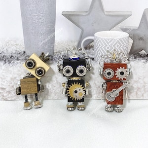 Wooden Steampunk Robots, Handmade Wood Toy Keychain, Robotics Club Gift, Mechanical Goggle Robot Miniature, Guitar Lover, Vintage Gears Cog