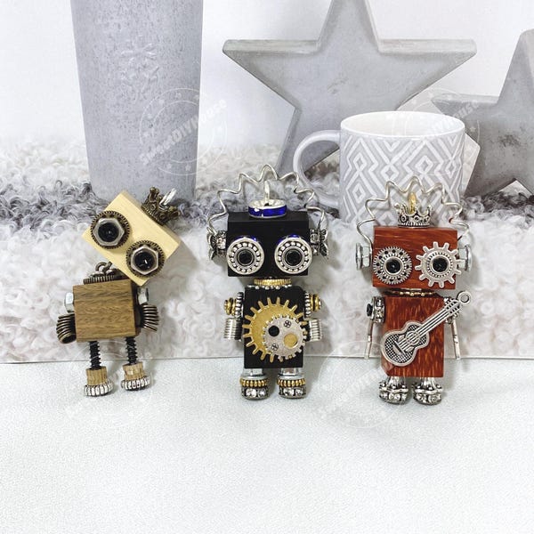 Wooden Steampunk Robots, Handmade Wood Toy Keychain, Robotics Club Gift, Mechanical Goggle Robot Miniature, Guitar Lover, Vintage Gears Cog