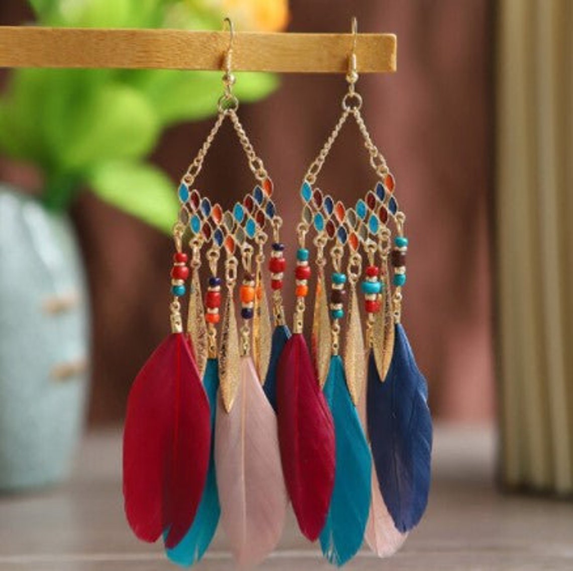 Feather Beads Bohemian Earrings Tassel Feather Drop Earrings ...