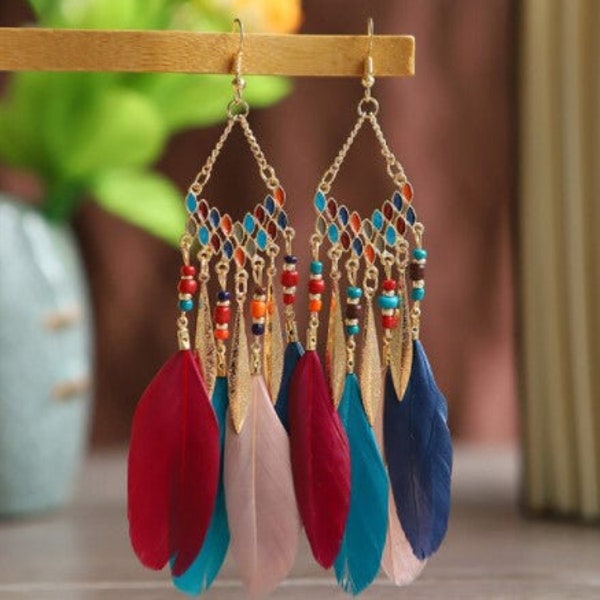 Feather Beads Bohemian Earrings | Tassel Feather Drop Earrings | Contemporary Bohemian Style Earrings | Long Fringe Dangle Earring for Women