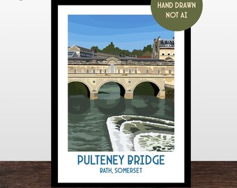 Pulteney Bridge, Bath, Somerset, UK Vintage Travel Poster, Retro style Railway Prints, Wall Art