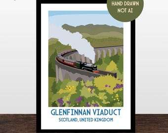 Glenfinnan Viaduct, Scotland, UK Vintage Travel Poster, Retro style Railway Prints, Wall Art